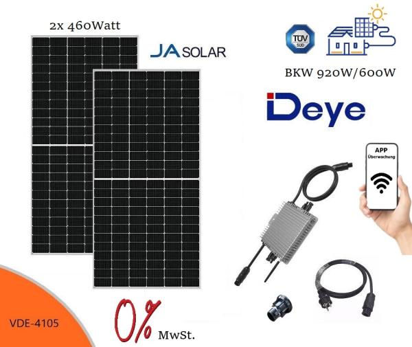 Balkonkraftwerk 600W / 920 Watt - Deye Sun 600 + 2x 460Watt Solarpanel JA Solar - Sofort verfügbar - Markenqualität - DE Händler - VDE-4105